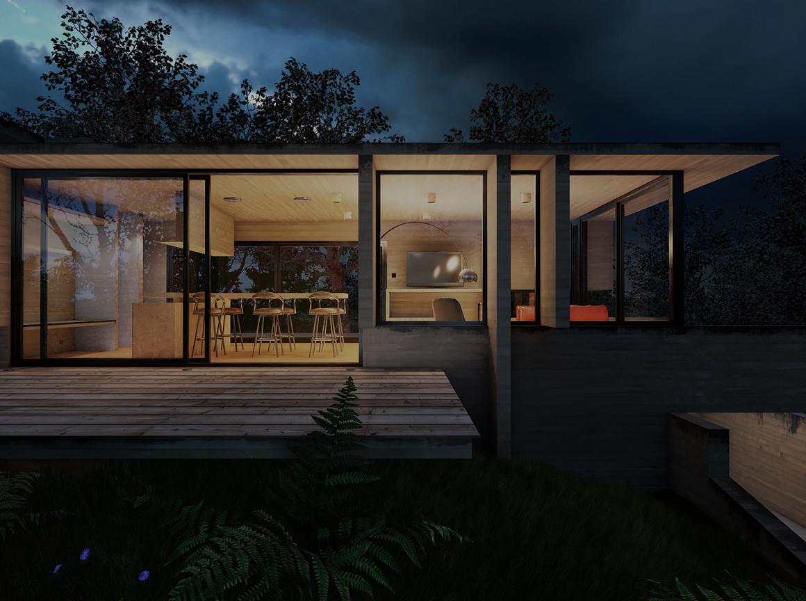outdoor perspective of house with interior lighting on a dusk evening